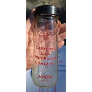 Vintage Hygeia Carolina Life Insurance Company Glass Baby Bottle Screw Top